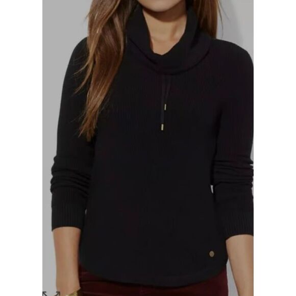 Lauren Ralph Lauren navy waffle cowl neck drawstring sweater M - Picture 1 of 9